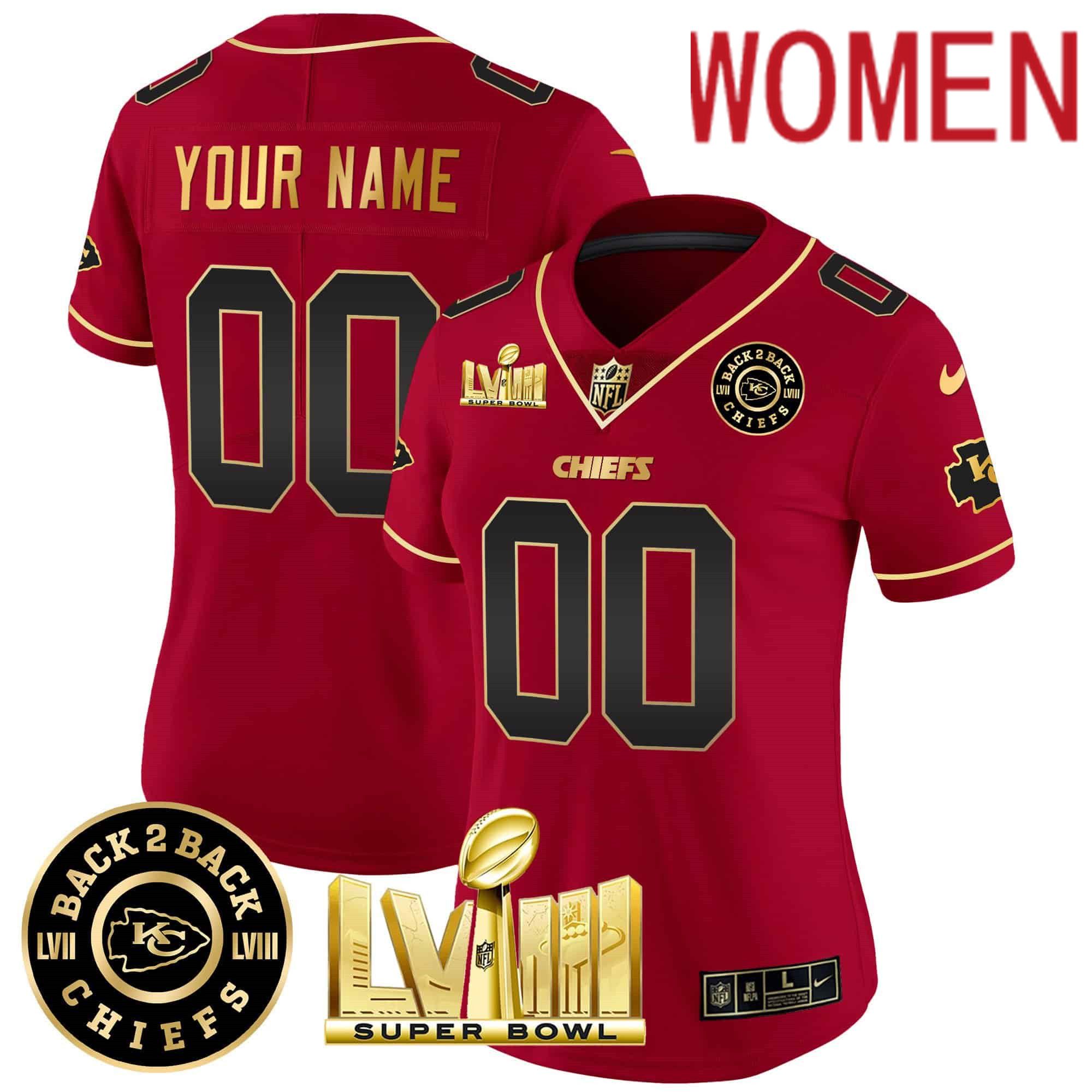 Women Kansas City Chiefs Red 2024 Nike Super Bowl LVIII & Back-2-Back Patch Vapor Custom NFL Jersey style 2